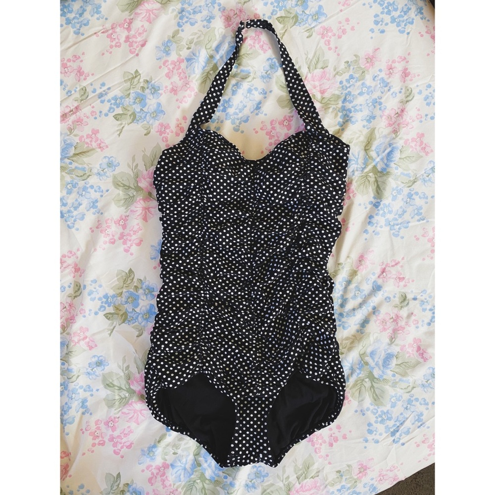 Black & White Ruched Polka Dot One Piece Size L